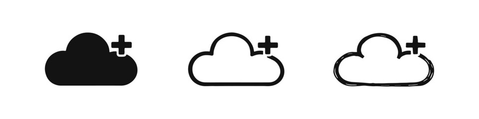 Obraz premium Add to Cloud Storage Icon Set in Solid, Outline, and Hand-Drawn Styles