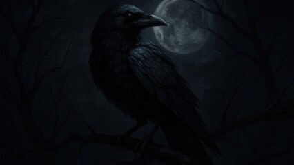 Fototapeta premium Raven perched under moonlight.