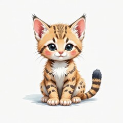Fototapeta premium Adorable Baby Bobcat Clipart: Pastel Brushstrokes, White Background, Isolated Spring Illustration, Fluffy Cheeks, Tufted Ears, Short Tail