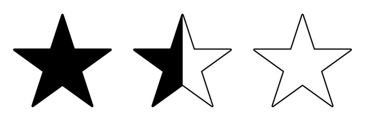 Obraz premium Star rating icon set in solid, half and outline styles. Favorite and review star symbols for feedback systems, scoring interfaces and website or mobile app UI design