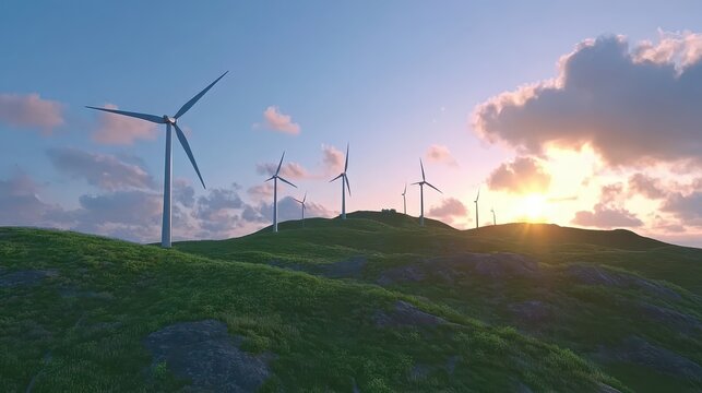Wind farm on rolling green hills at sunset with multiple turbines generating renewable energy.