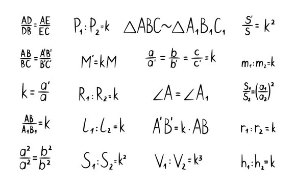 Geometry similarity proportionality formula set featuring triangle ratios area scaling homothety transformation perimeter segments medians bisectors radii heights volumes