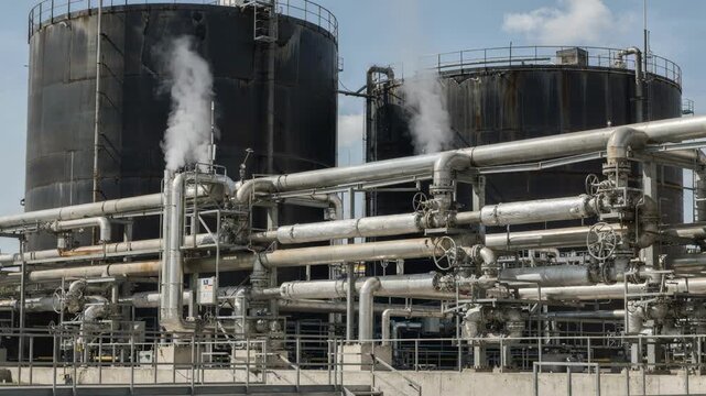 Medium shot of carbon black feedstock oil storage tanks with steaming preheating pipes and safety valves in an industrial facility under clear sky conditions.
