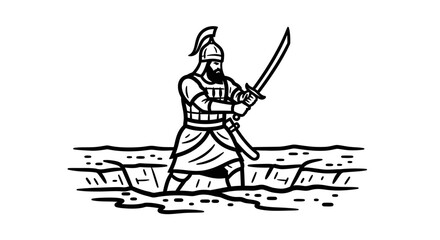 Obraz premium Warrior with Sword in Trench, Historical Illustration