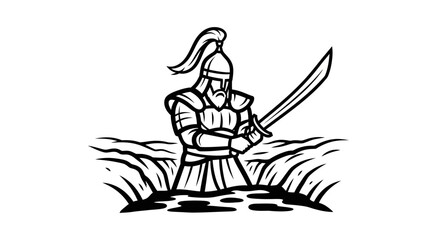 Warrior with Sword in Water, Ancient Armor, Medieval Warrior, Black and White Illustration
