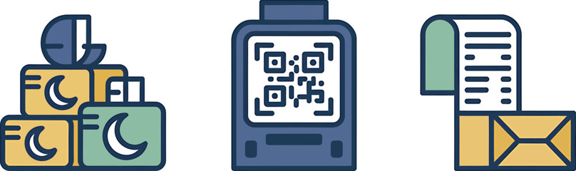 Various ramadan related items: gift boxes, qr code scanner, and receipt