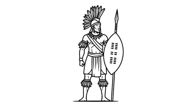 Zulu Warrior with Shield and Spear, Traditional African Warrior Illustration