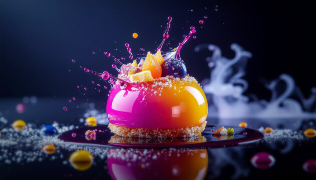 entremet glac&eacute; color&eacute; avec &eacute;claboussure et fruits sur fond sombre