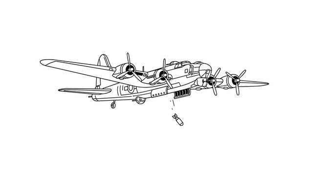 WWII Bomber Aircraft Dropping Bomb - Vintage Line Art Illustration