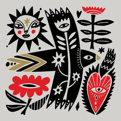 Fototapeta premium Bird monochrome linocut engraving style celestial folk fairytale elements set. Boho patterned woman sacred goddess animal in cottagecore vibe, floral ornament. Hygge, lagom and fika Scandinavian