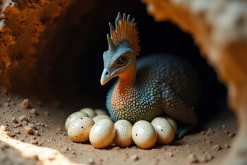 Obraz premium Exotic Crested Bird Protects Speckled Eggs in a Secluded Cave Nest