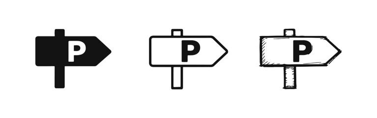 Parking sign with arrow icon set, useful for traffic, navigation, and transportation design. © drawing lines