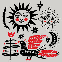 Fototapeta premium Bird monochrome linocut engraving style celestial folk fairytale elements set. Boho patterned woman sacred goddess animal in cottagecore vibe, floral ornament. Hygge, lagom and fika Scandinavian