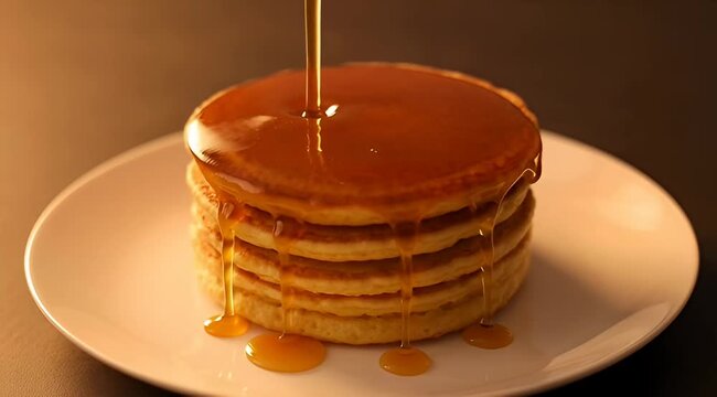 Syrup being poured on a stack of pancakes on a white plate