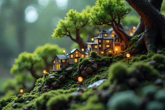 Enchanted Miniature Village: Cozy Houses Amidst Lush Greenery at Dusk