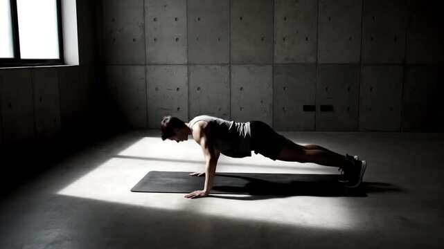 A person performs a push-up exercise in a dimly lit room with concrete walls and a single window, alternating between high and low positions.