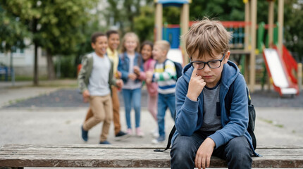 Sad lonely boy sitting on playground bench while peers laugh in background. Social isolation and bullying concept. Child feeling excluded at school park