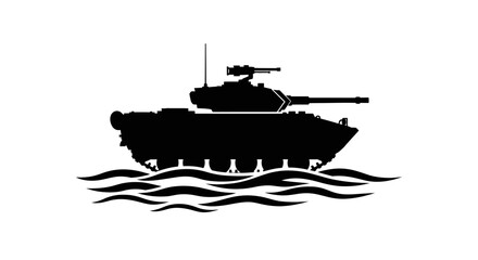 Obraz premium Amphibious Tank Silhouette Crossing Water Waves, Military Vehicle Icon, Vector Art