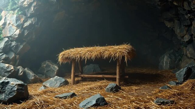 Cave interior with straw bed