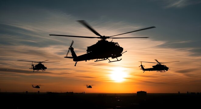 Silhouette of multiple helicopters flying in formation against a vibrant orange and blue sunset sky with wispy clouds.