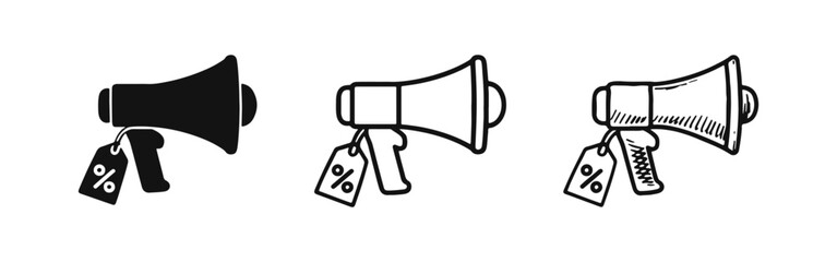 Megaphone with percentage tag icon set. Sale announcement and marketing promotion symbol.