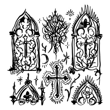 Gothic Crosses Cathedral Tattoo Style Flash Set Vector Blackwork Cathedral Elements Collection Architecture Clip-art Black Ink Illustration