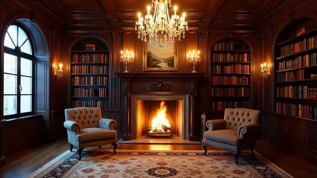 Luxury library with fireplace and bookshelves