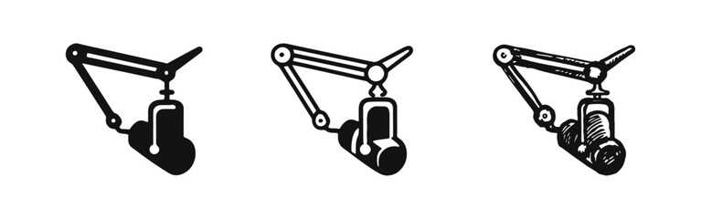 Studio microphone with boom arm icons set. Podcast, radio, or recording equipment in various styles. © drawing lines