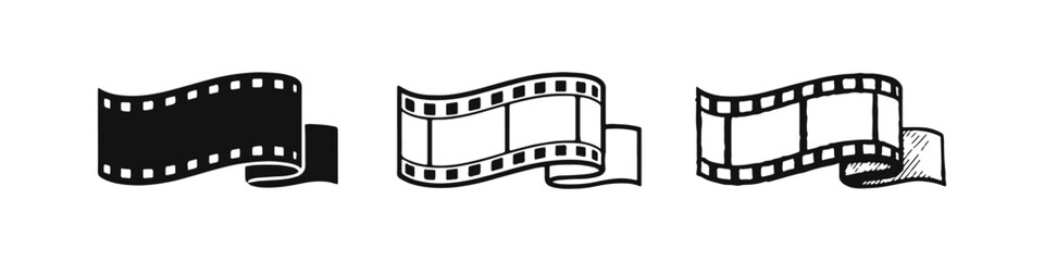 Fototapeta premium Film strip or cinema reel icons set in black and white styles. Movie production and media concept.