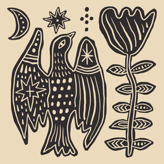 Fototapeta premium Bird monochrome linocut engraving style celestial folk fairytale elements set. Boho patterned woman sacred goddess animal in cottagecore vibe, floral ornament. Hygge, lagom and fika Scandinavian