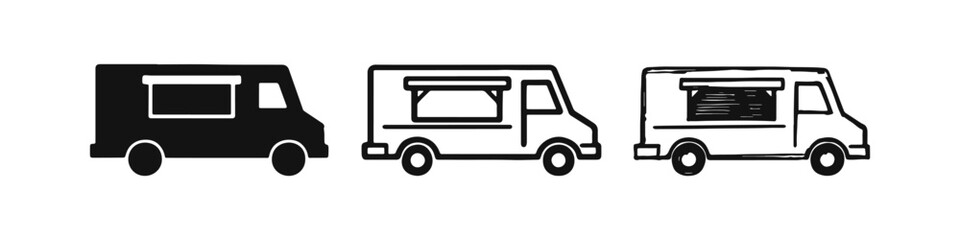 Food truck or catering van icons set. Mobile restaurant, street food, and takeaway service.