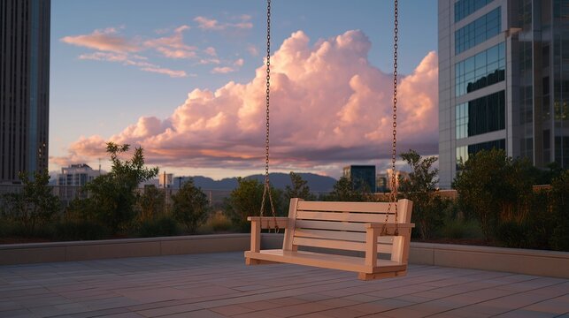 Empty swing set in urban playground at dusk, representing childhood trauma sites revisited during healing journey, perfect for trauma informed therapy, inner child work, and contemporary recovery