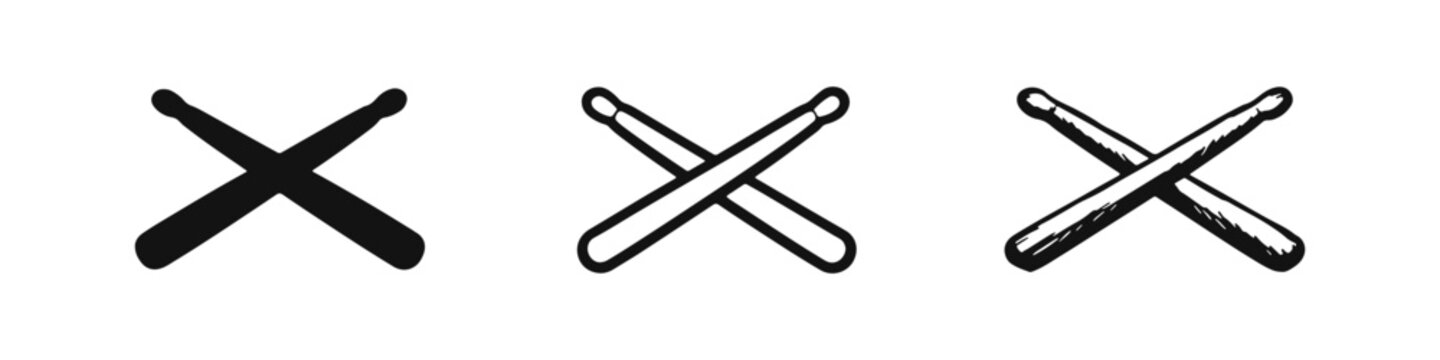Drumsticks icon set. Musical instrument symbol in solid, outline, and hand-drawn styles.