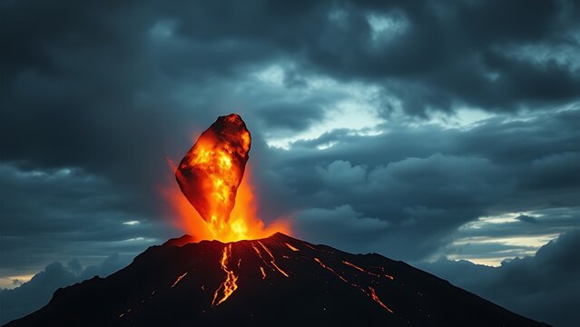 ejection. A glowing rock ejected from a volcano against a dramatic ash-filled sky. ESG reports, sustainability campaigns, designed for environmental awareness campaigns, used by professors.
