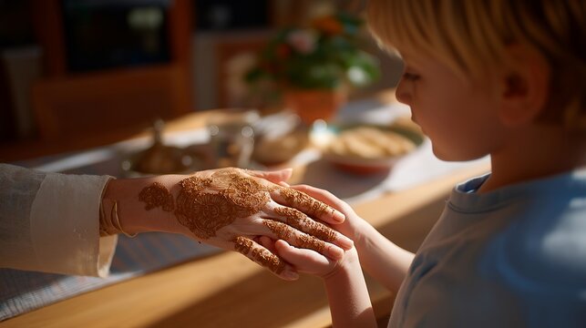Close up hands of child and grandmother paint intricate mendhi patterns with henna paste, designs cover palms and fingers, modest kitchen table setting, ideal for intergenerational bonding,