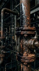 A close-up view of a rusty industrial pipe with oil dripping from it in a dark factory setting.