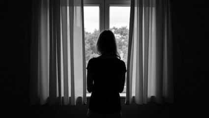 Silhouette of a person looking out of a window with curtains on a sunny day