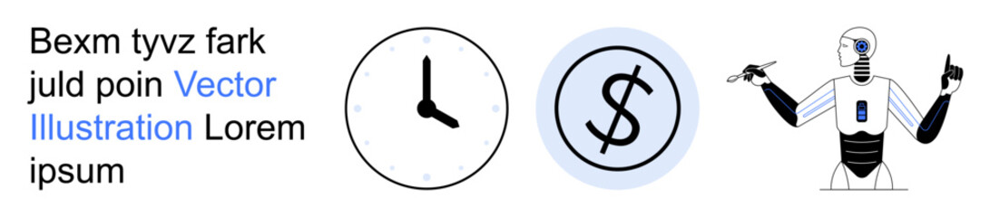 Obraz premium Artificial intelligence, financial technology, automation, productivity, innovation, time management. ion of a robot, dollar sign and clock icons. Artificial intelligence and financial technology