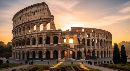 Fototapeta premium Ancient Roman Colosseum at Sunset with Golden Hour Light and Tourists