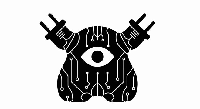 Futuristic robot eye with circuit board patterns and electrical plugs