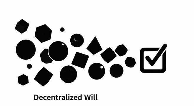 Abstract shapes morphing into a checkmark, symbolizing decentralized decision-making and approval.