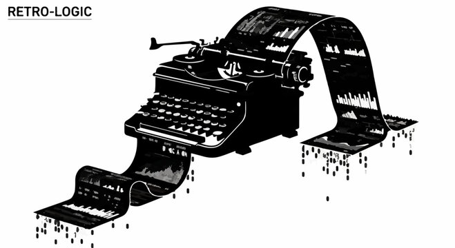 Vintage typewriter producing a stream of data and abstract patterns, symbolizing old technology meeting digital information.