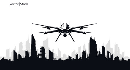 Naklejka premium Drone flying over futuristic city skyline silhouette, surveillance concept
