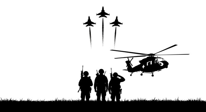 Military Formation: Soldiers, Helicopter, and Fighter Jets in Silhouette