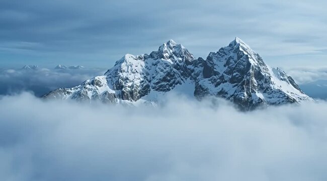 Snowy mountain peak rising above clouds, serene landscape