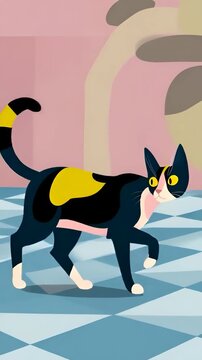 Stylish Animated Tuxedo Cat Jumping in Minimalist Modern Interior, Bauhaus Style Feline Character Motion Design, Creative 2D Animation of Calico Cat in Colorful Room