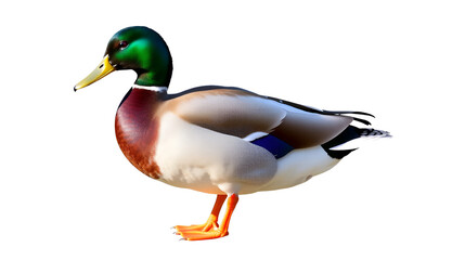 Fototapeta premium Male Mallard duck with iridescent green head and orange feet, standing in side profile, isolated on transparent background.