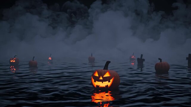 Floating jackolantern drifts on water. Glowing pumpkin creates bright reflection on rippled water. Low fog and mist roll across graveyard. Dark night gives spooky halloween atmosphere. Eerie glow.
