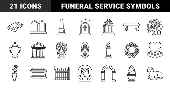 Cemetery and memorial headstone elements for funeral service branding. Monolinear black and white graphics featuring gravestones, monuments, and mourning symbols.