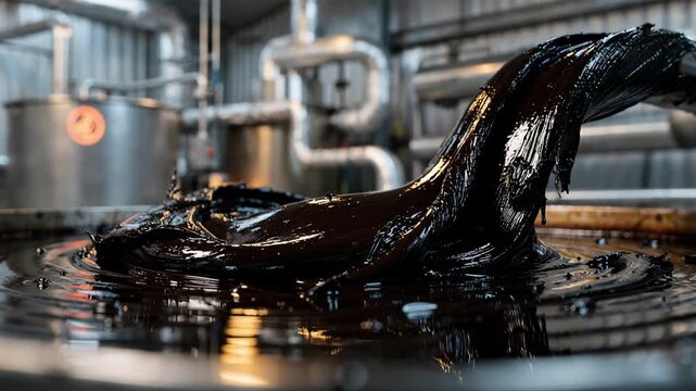 Closeup of soft pitch production from coal tar distillation highlighting the viscous texture and temperature control in an industrial refinery.